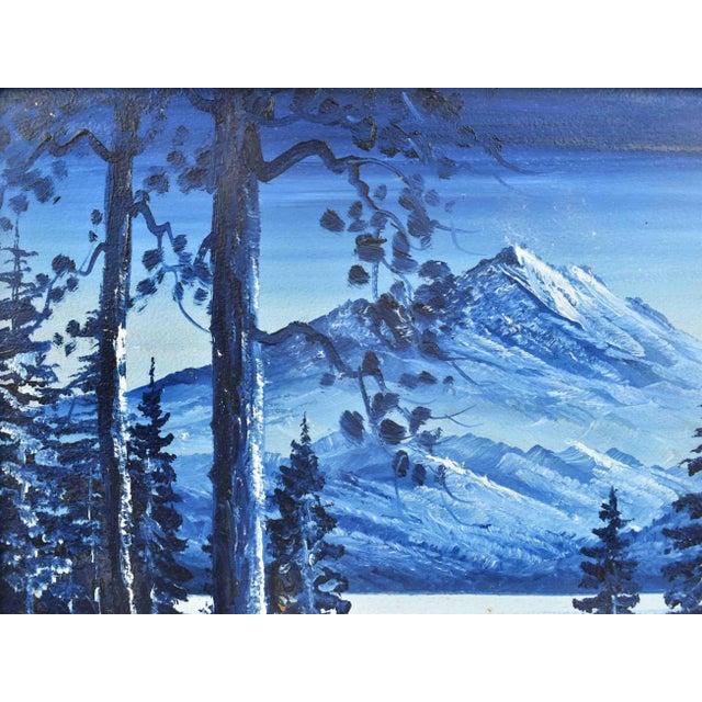 Illustration Mid 20th Century Blue and White Landscape Mountain and Forest Scene Oil Painting Signed Walt For Sale - Image 3 of 8