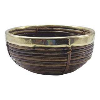 Rattan and Brass Basket, Italy, 1970s For Sale
