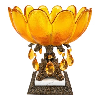 Vintage Hollywood Regency Amber Glass Floral Centerpiece Bowl With Crystal Prisms & Marble Base For Sale