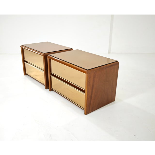 Vintage Bedside Tables in Wood and Bronzed Mirrored Glass, 1970s, Set of 2 For Sale - Image 6 of 18