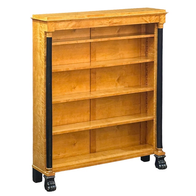 Early 20th Century Biedermeier Open Bookcases of Curly Maple With Ebonized Columns - Two Available For Sale - Image 5 of 16