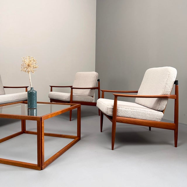 Set of Teak Armchairs with Rattan Backrests & Bouclé Covers by Carl Straub / Goldfeder, Germany 1960s For Sale - Image 9 of 15