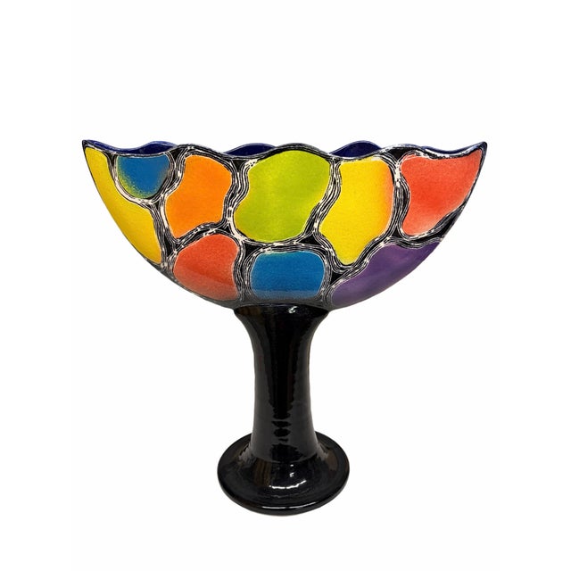 A striking three-piece modern Danish studio ceramic set by ceramicist J. Packness, including a pedestal bowl centerpiece...