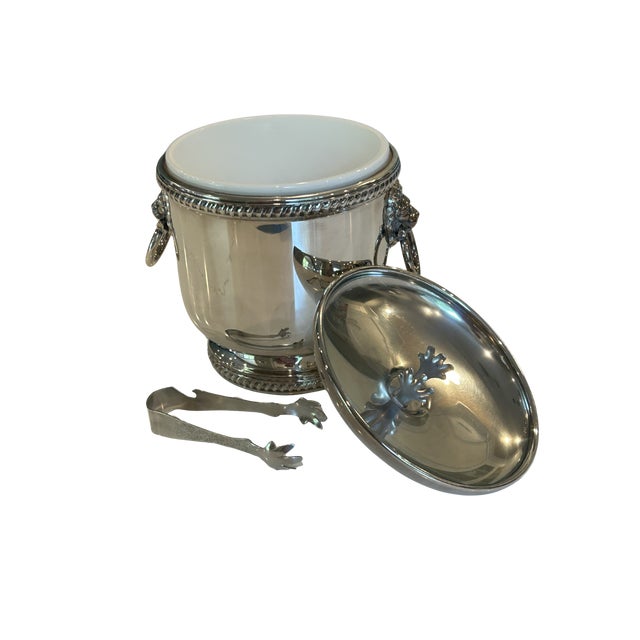 Vintage the Sheffield Silver Co. Silver-Plated Ice Bucket With Lion Head Handles, Milk Glass Liner & Ornate Ice Tongs | Hollywood Regency Barware For Sale - Image 12 of 15