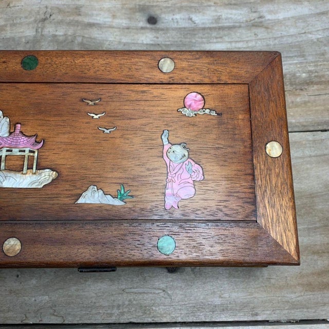 Vintage Chinese Pear Wood Jewelry Box, Mother of Pearl Inlay Landscape & Figure Scene, Chinoiserie Storage Chest For Sale In Los Angeles - Image 6 of 9