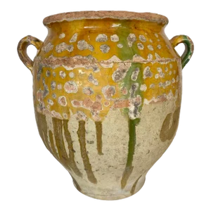 Antique French Mustard Color Glazed Pottery Vase With Handles