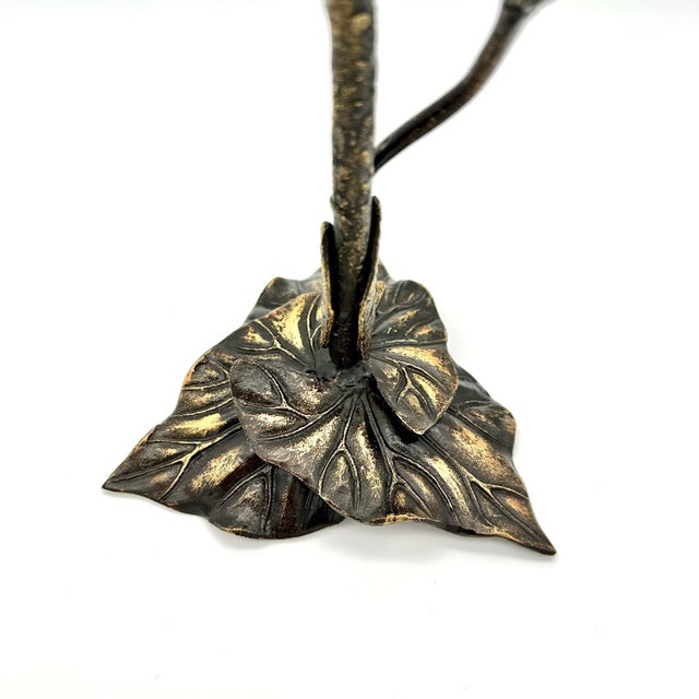 Antique Arts & Crafts Bronze Flower and Leaves Candleholder For Sale In Houston - Image 6 of 9