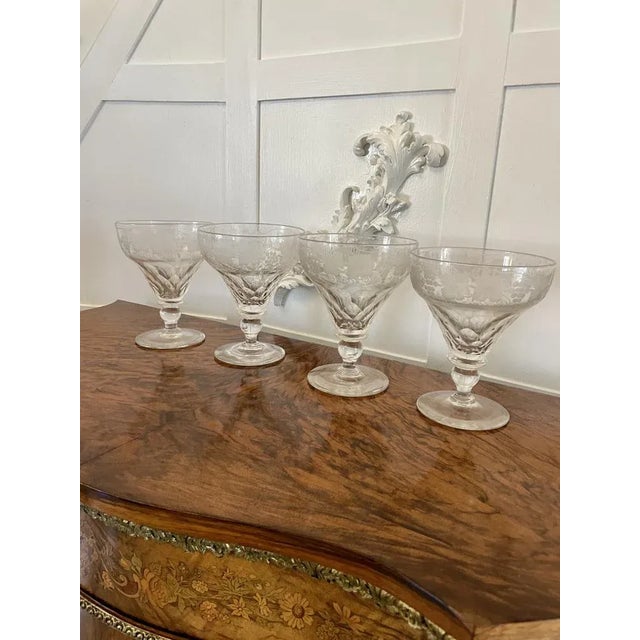 Unusual large set of 4 antique Victorian quality engraved glasses having quality engraved grapes and leaves standing on a...