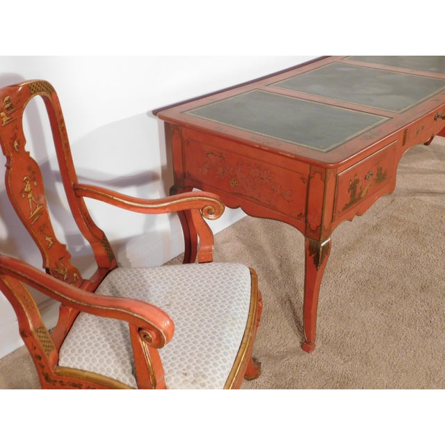 Antique Baker 1950s French Red Chinoiserie Leather Top Writing Desk & Arm Chairs For Sale - Image 14 of 16