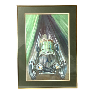 1970s Framed Artist Signed Gouache Illustration of a Mercedes Racing Car Signed