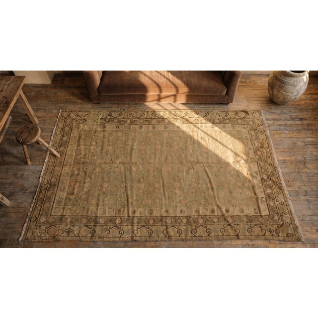 Camel 1920s Tan Camel Geometric Antique Central Asian Chinese Khotan Rug 6'6"x11'10" Knotted Wool Carpet For Sale - Image 8 of 9