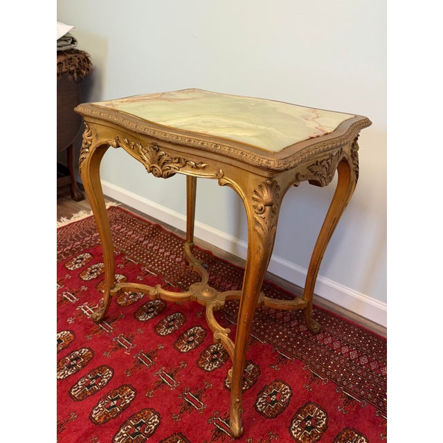 Wood Antique French Louis XVI-Style Giltwood Side Table With Natural Green Onyx Top For Sale - Image 7 of 10