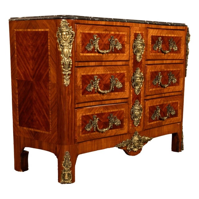 Antique French Louis XV Ormolu Inlaid Kingwood Marble Commode Chest For Sale - Image 4 of 16