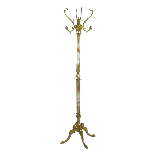 Vintage Italian Free Standing Marble Brass Coat Rack For Sale