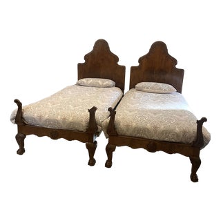 Antique Carved Burr Walnut Single Beds, 1920, Set of 2 For Sale