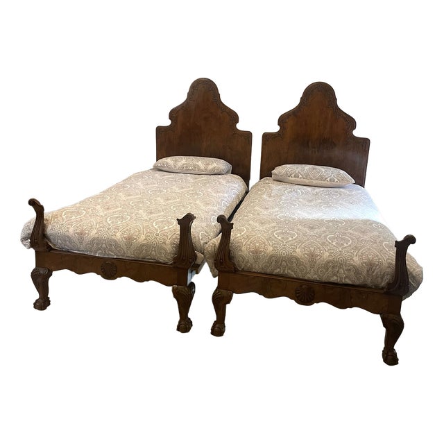 Antique Carved Burr Walnut Single Beds, 1920, Set of 2 For Sale