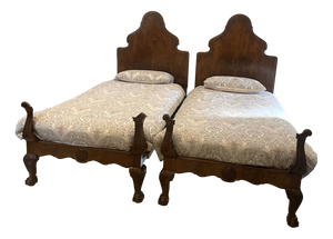 Antique Carved Burr Walnut Single Beds, 1920, Set of 2