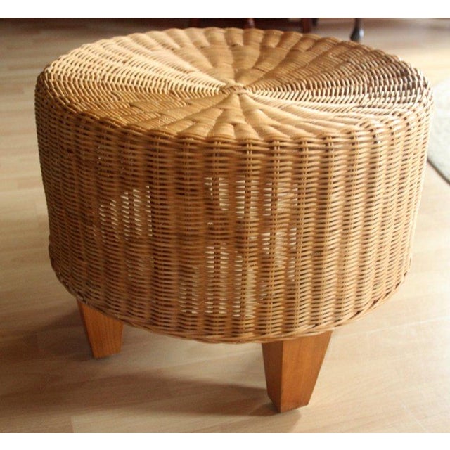 1970s Round Rattan, Bamboo and Wooden Side Table - Foot Stool - Ottoman Vintage For Sale - Image 5 of 9
