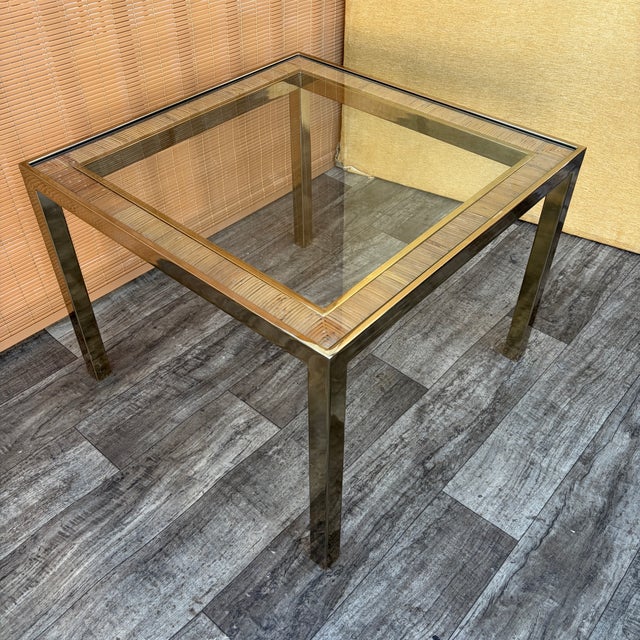 A Pair of Hollywood Regency Gold Brass and Wicker Side Tables in the Milo Baughman Style. C. 1970s For Sale - Image 11 of 18