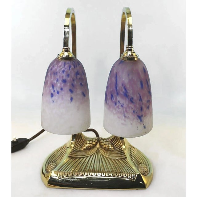 Signed bronze polished double lamp schneider pâte de verre glass, signed (robert) bousquet (1894-1917) lamp in the cone...