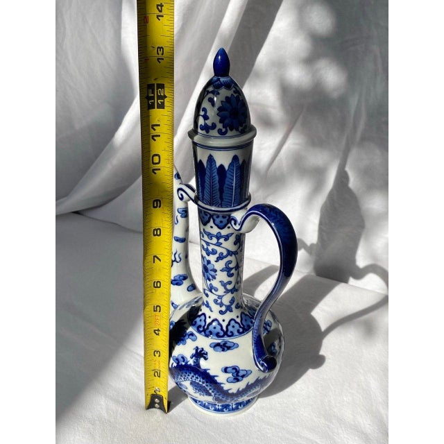 Mid 20th Century Blue & White Dragon Ewer With Yongzheng Mark – Tall Lidded Chinese Porcelain Pitcher For Sale - Image 16 of 16