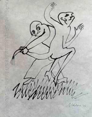 Mino Maccari, Dancing Figures, China Ink Drawing, 1975