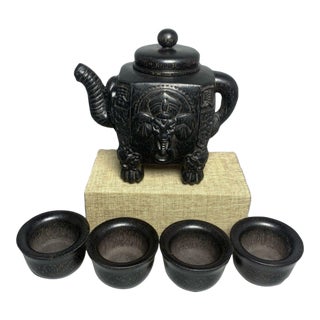 Late 19th CenturyCarved Faux Horn Elephant Teapot Set With Four Cups and Box For Sale