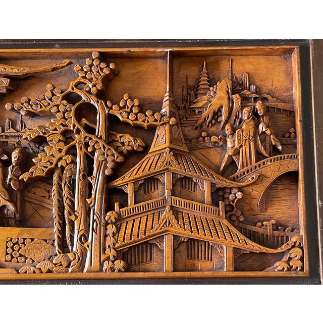 Mid 20th Century Monumental Hand-Carved Asian Narrative Coffee Table With Pagodas, Figures & Original Glass Top For Sale In Atlanta - Image 6 of 11