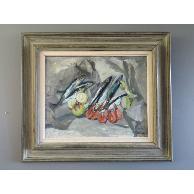 STILL LIFE WITH SARDINES Size: 20.5 x 23.6 inches (including frame) Oil on board An expressive mid-century still life...