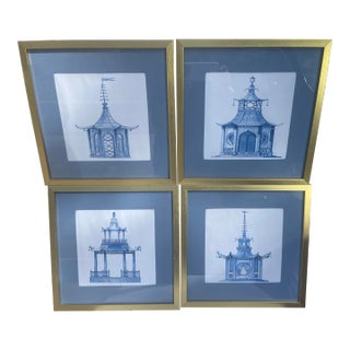 1970s Gold Frame Watercolor Pagoda Pictures, Silk Matte - Set of 4 For Sale