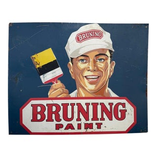 1950s Large Mid Century Metal "Bruning Paint" Advertisement Sign For Sale