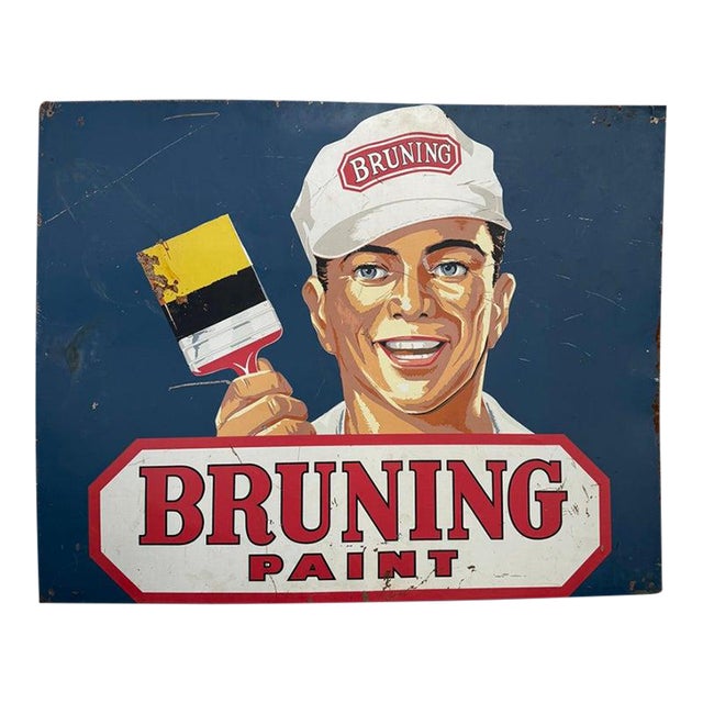 1950s Large Mid Century Metal "Bruning Paint" Advertisement Sign For Sale