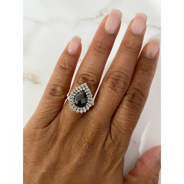 2020s 3.01 Carat Black and White Diamond Double Halo 14 Karat White Gold Bridal Ring, Size 7 For Sale - Image 5 of 6