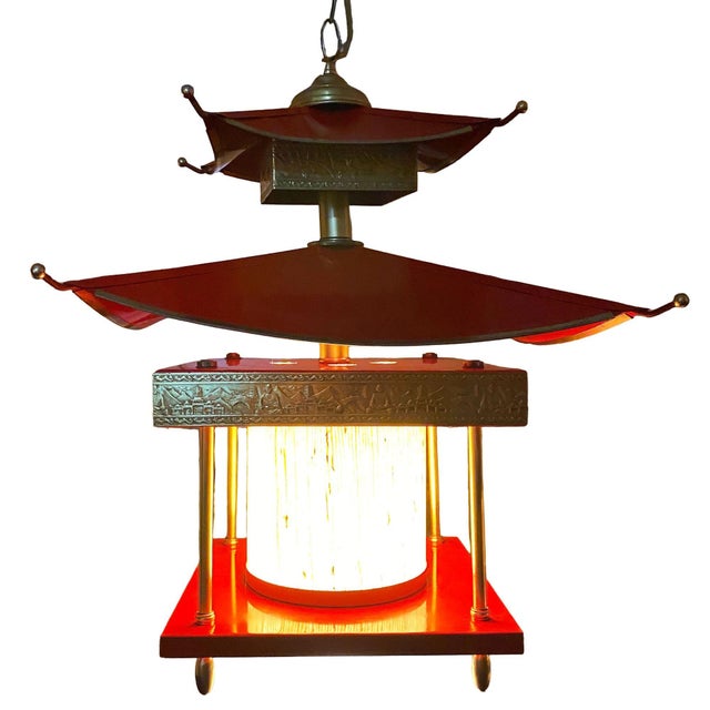 Red 1950s Mid-Century Modern Pagoda Enameled Red Metal & Gold-Tone Tole Chinoiserie Chandelier For Sale - Image 8 of 18