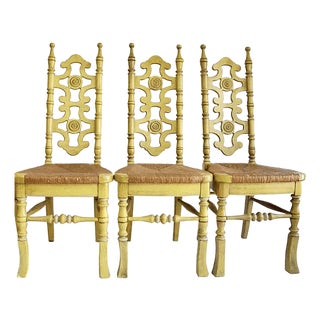 Thomasville Mid-Century Vintage Spanish Revival Oak Dining Chairs With Rush Seats and Distressed Yellow Glaze - Set of 3 For Sale