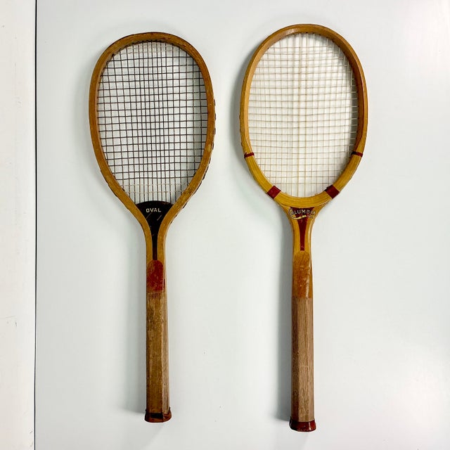 Brown 1905 Antique Americana Boho Chic Wood Tennis Rackets Home Accents - A Pair. For Sale - Image 8 of 17
