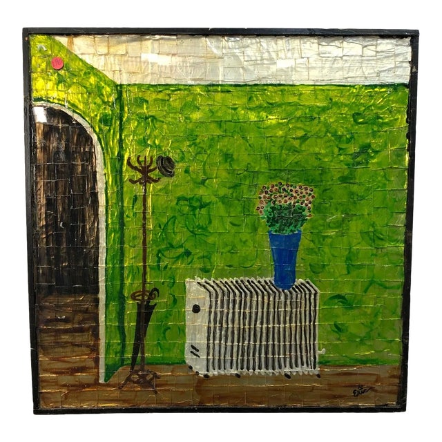 Late 20th Century Multimedia Glass Collage Signed on the Bottom For Sale