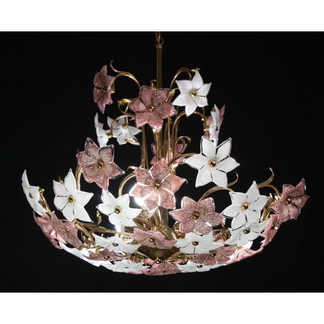 Murano Chandelier with Pink and White Flowers, 1980s For Sale - Image 9 of 12