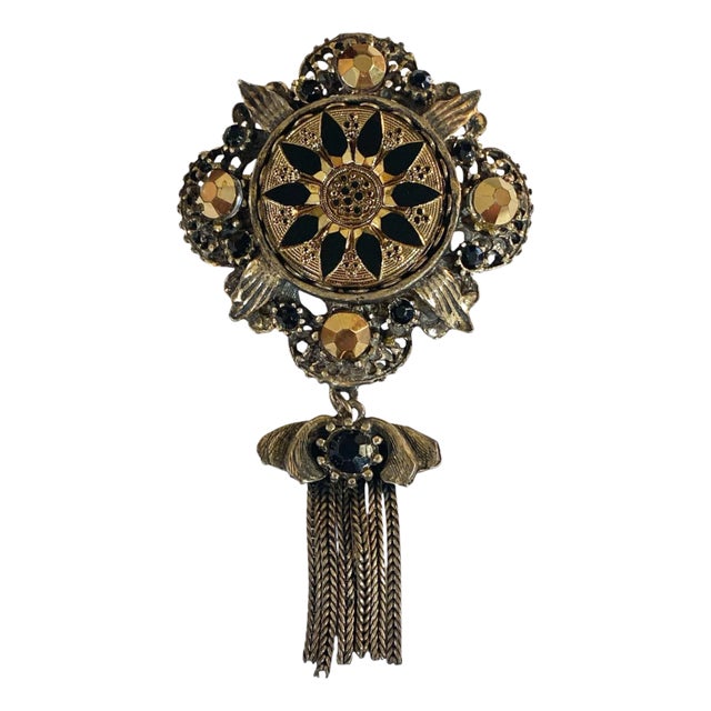 Vintage Complex Black Rhinestone Stylized Floral Gilt Filigree Pendant/ Brooch For Sale