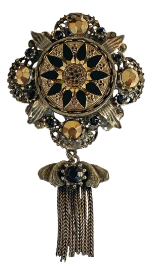 Vintage Complex Black Rhinestone Stylized Floral Gilt Filigree Pendant/ Brooch