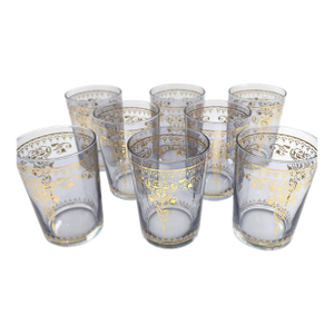 Set of 8 Moroccan Hand-Painted Smoked Glass Tea Glasses by Bronze Verre, Casablanca With Gold Moorish Motif