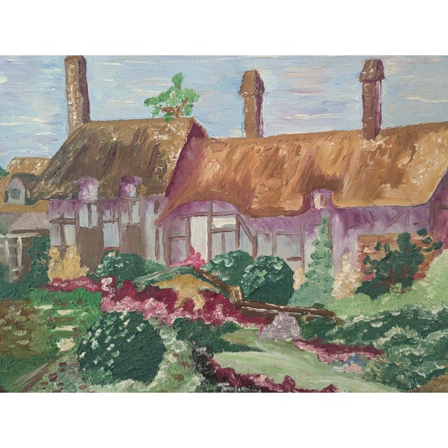 Textile Vintage English Cotswolds Cottage Impressionist Painting Framed For Sale - Image 7 of 13