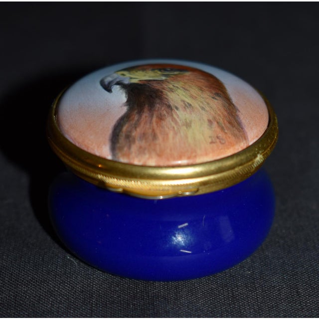 Traditional VTg. Ashley Enamel's Trinket Box Hand Painted Kestrel Hawk Bird of Prey Blue For Sale - Image 3 of 11