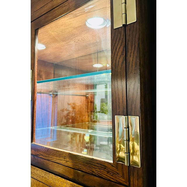 Wood Henredon Campaign Bar Cabinet – Lighted Display, Pull-Out Serving Bar, Brass Hardware and Solid Wood For Sale - Image 7 of 11
