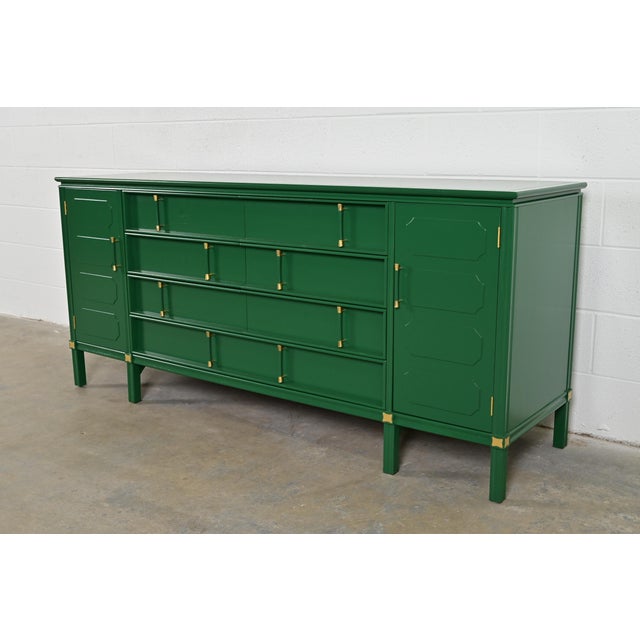 Thomasville Hollywood Regency Chinoiserie Green Lacquered Long Dresser or Credenza, Newly Refinished For Sale - Image 14 of 14