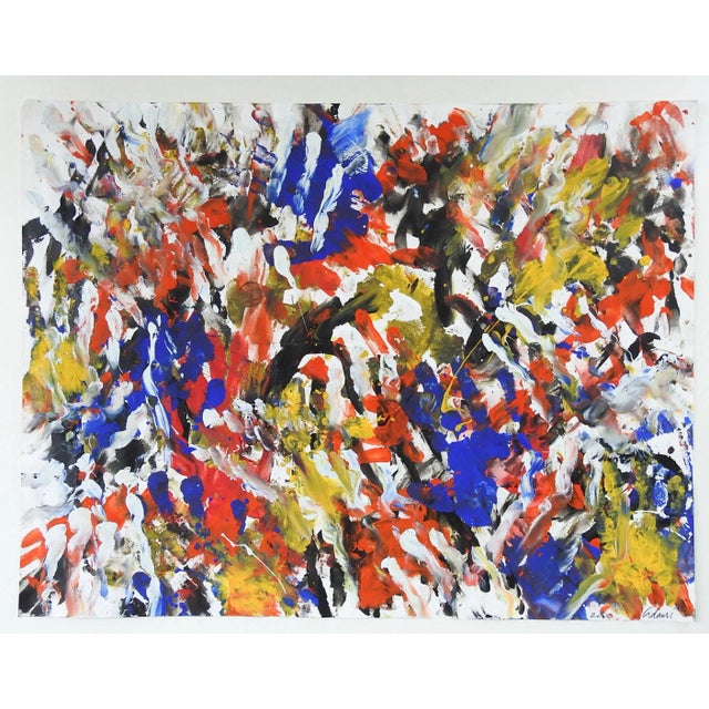 Abstract Expressionist Blue & Red Painting on Paper For Sale - Image 4 of 4
