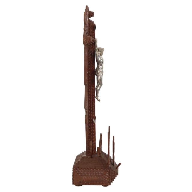 Wood 20th Century Folk Art Handmade Tramp Art Crucifix, 1890s For Sale - Image 7 of 18