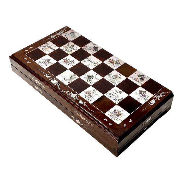 Vintage Chinese Black Lacquer & Mother-of-Pearl Inlaid Folding Chess Board For Sale