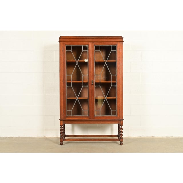 Stickley Brothers Style Antique Arts & Crafts Carved Oak Bookcase Cabinet With Leaded Glass Doors, Circa 1900 For Sale - Image 14 of 14