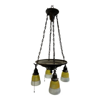 Vintage Four Light Brass Hanging Fixture With Vintage Shades For Sale